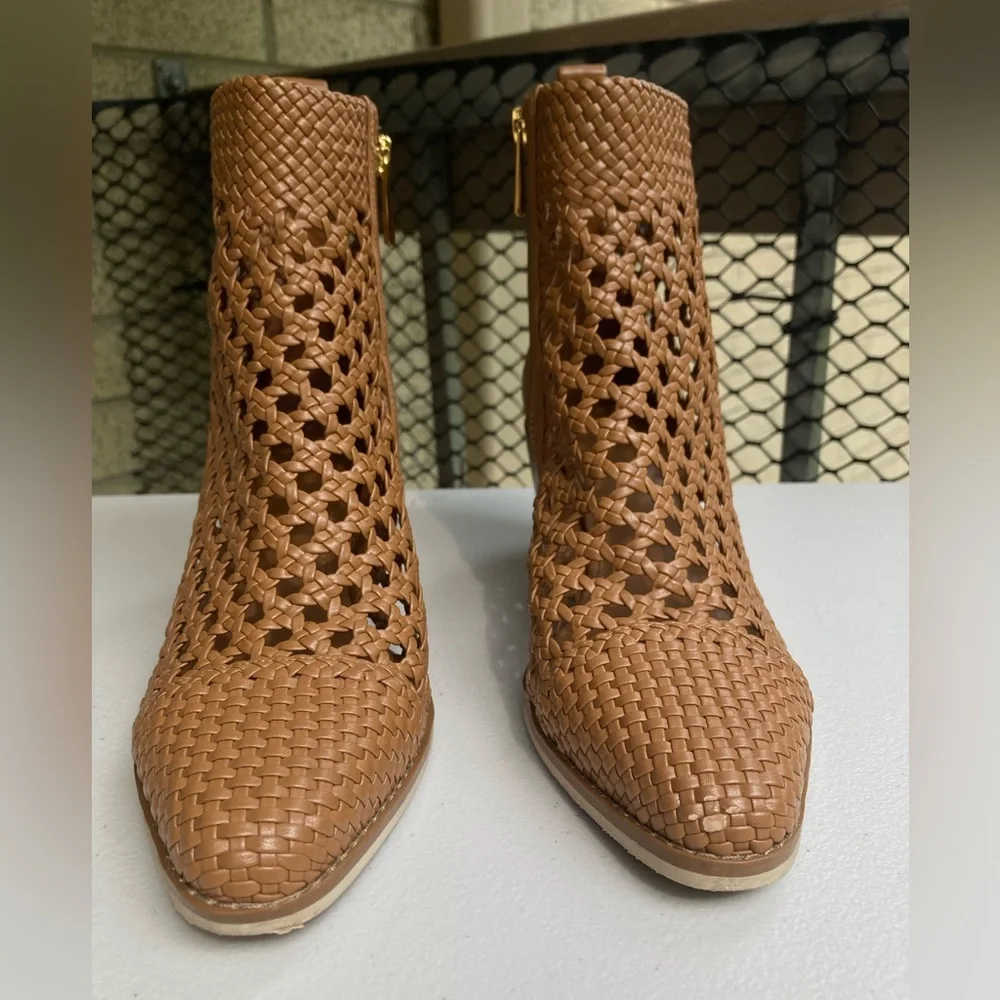 Michael Kors Augustine Tan Brown Woven Leather Ankle Bootie Western Style Boot